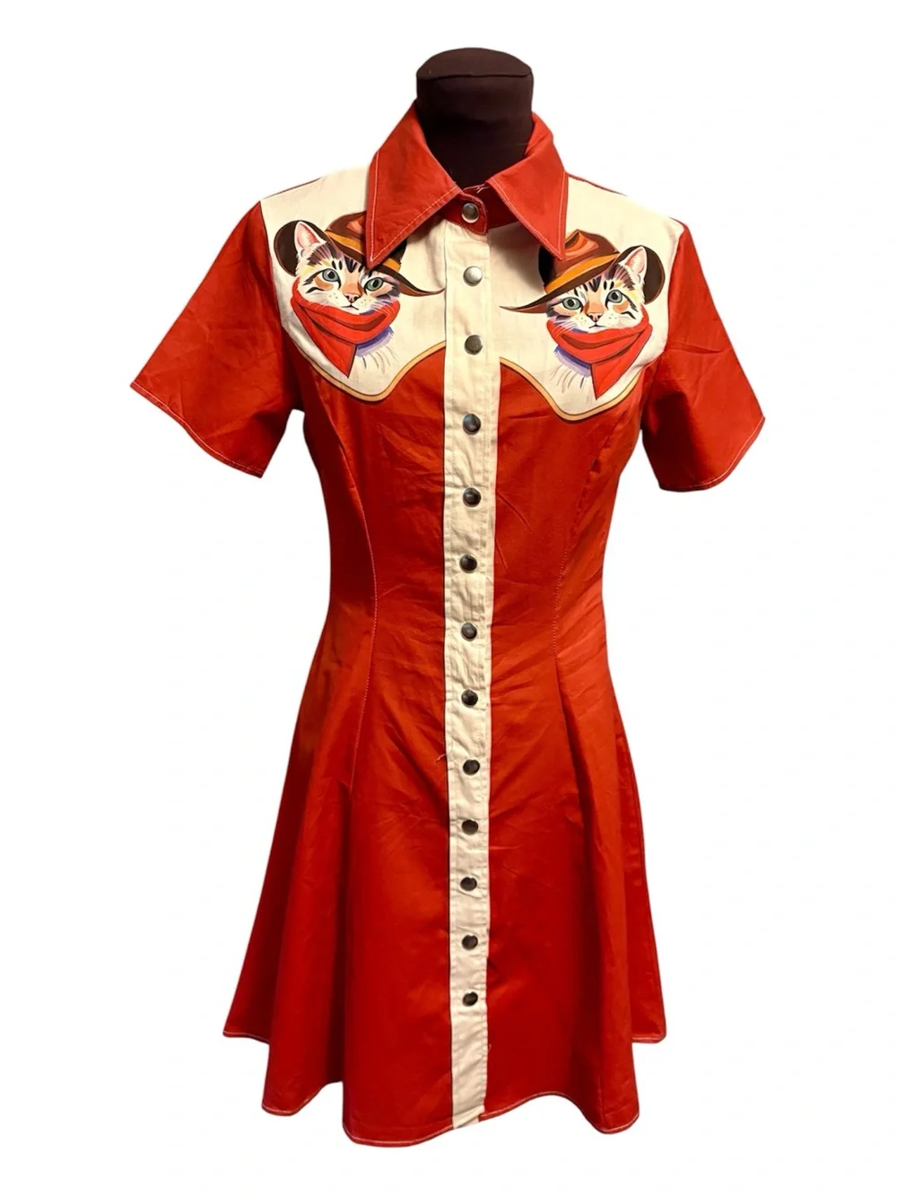 A Western Cute Cat Cowboy Red Cotton Metal Snap Front Dress, Womens size Small